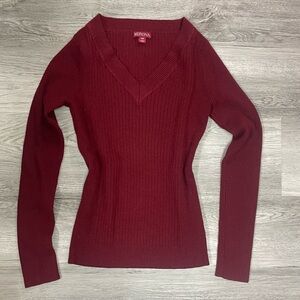 Vintage 2000s V-Neck Ribbed Sweater - Wine
